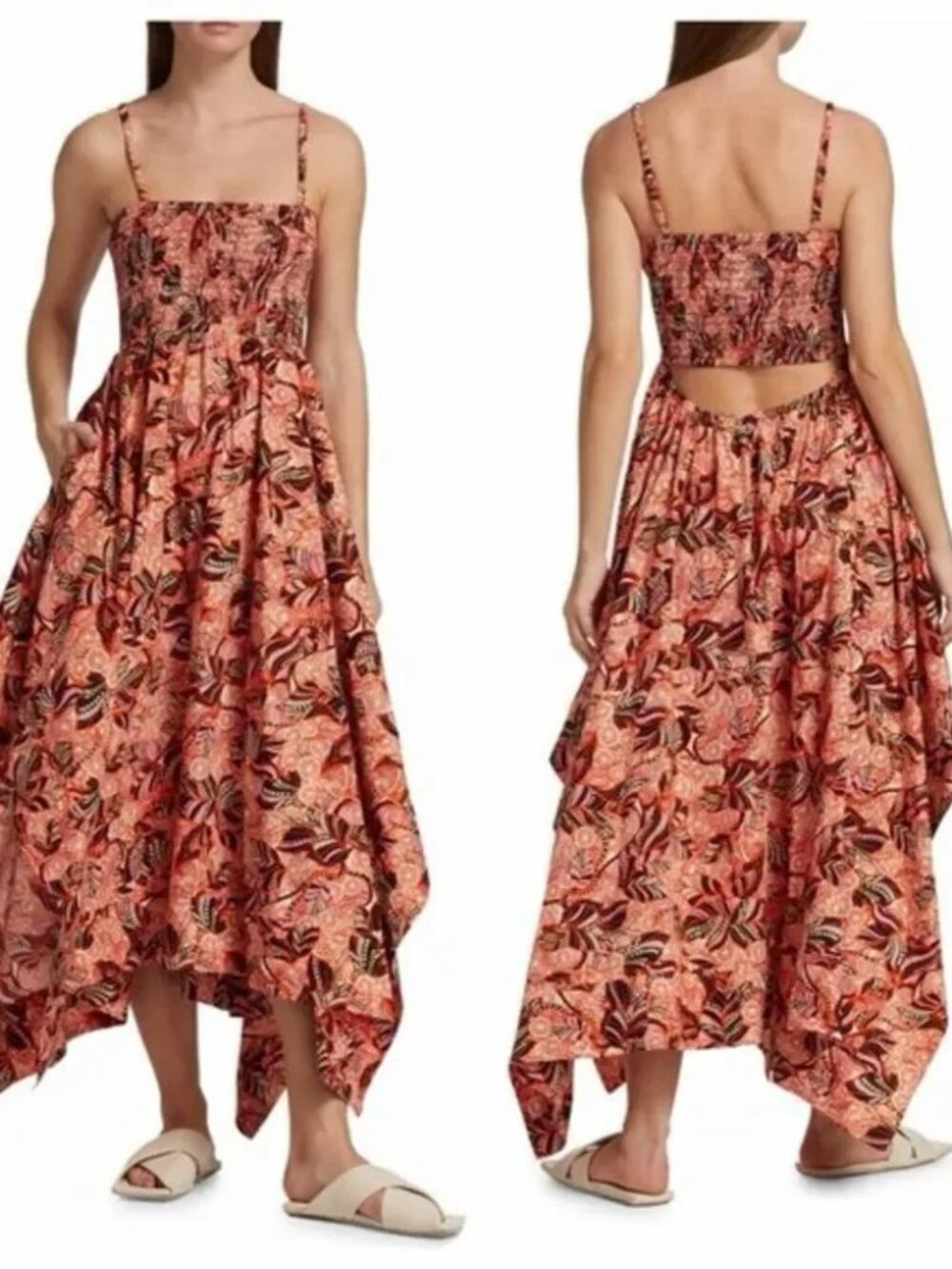 A.L.C. Adriana Dress Handkerchief Hem Paisley Orange Open Back Smocked midi 8